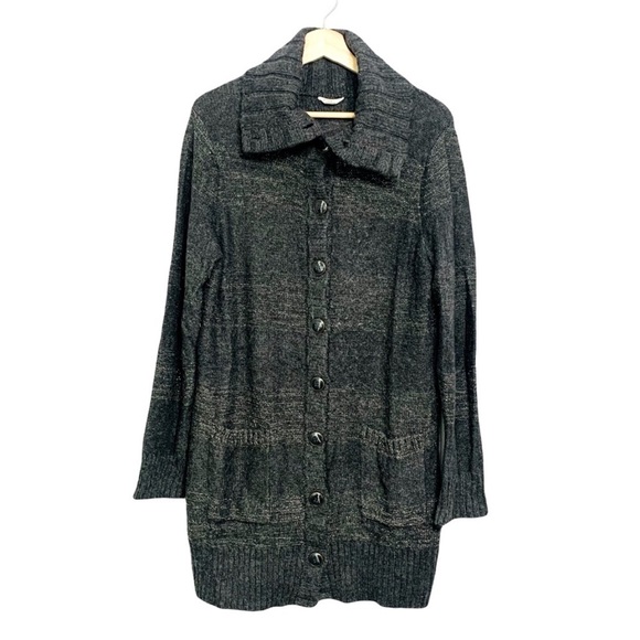 Fossil Gray Longer Line Chunky Cardigan Sweater Silver Metallic Threading Large - Picture 1 of 9